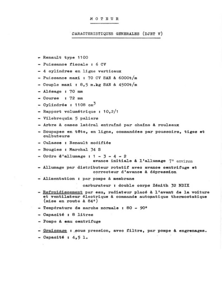 Manuel d'atelier Matra Djet - Moteur caractéristiques