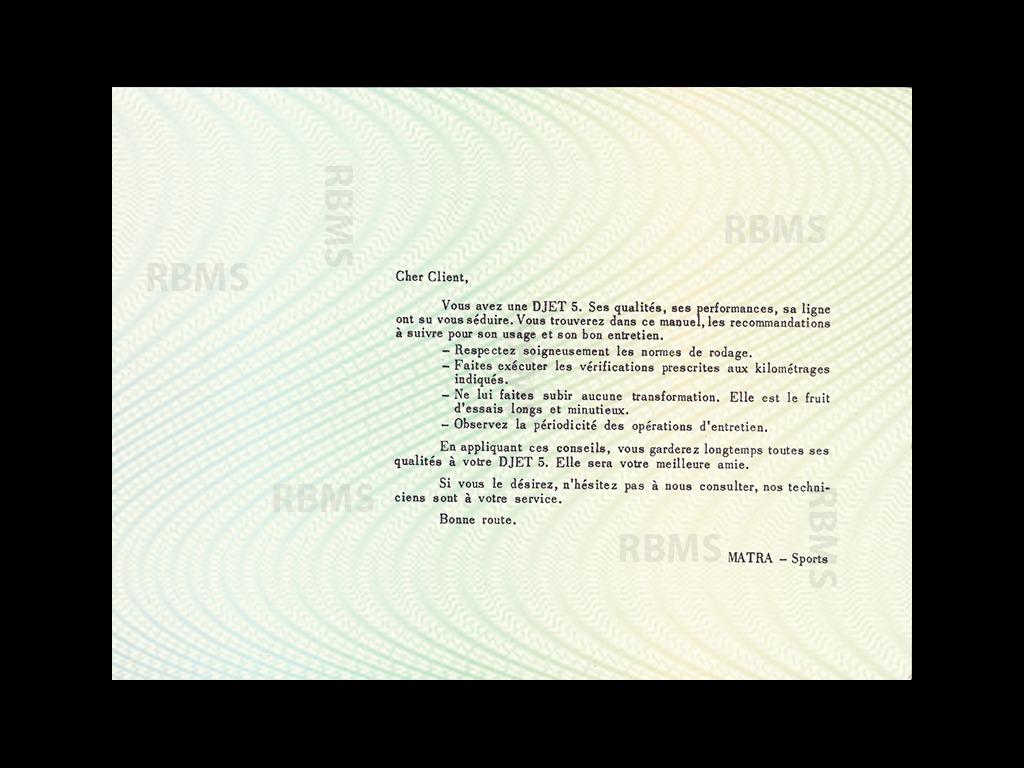 Matra Bonnet Djet Manuel d'utilisation